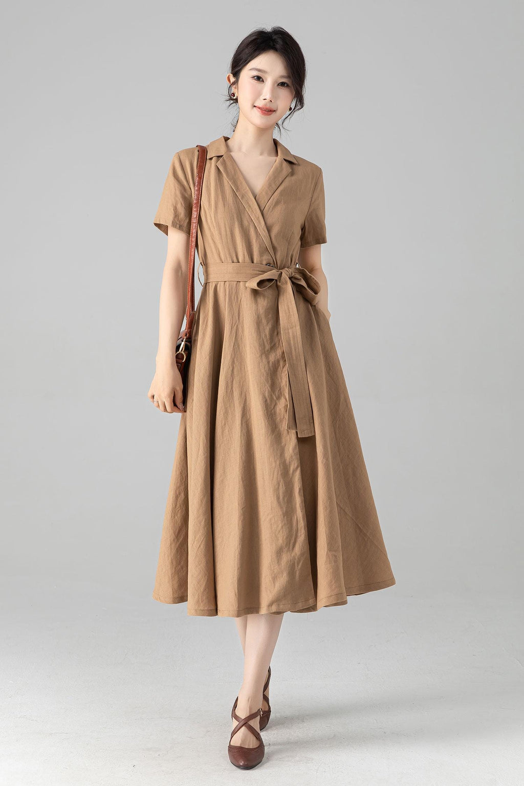 Mabel Khaki Linen Wrap Midi Dress — view 2