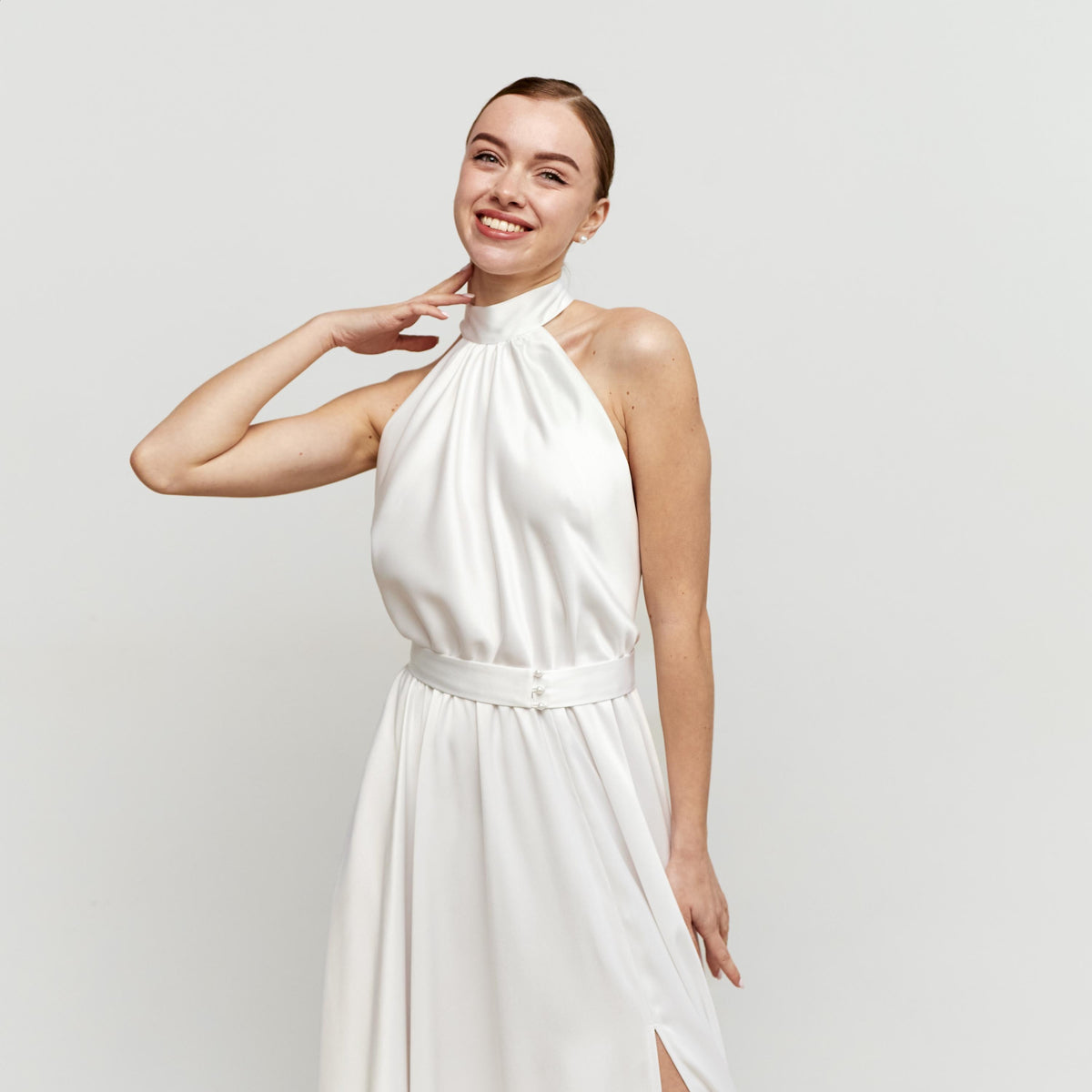 Blair White Satin Halter Midi Dress — view 2