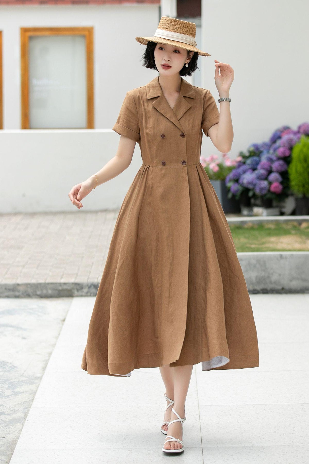 Nina Olive Linen Shirt Midi Dress — view 4