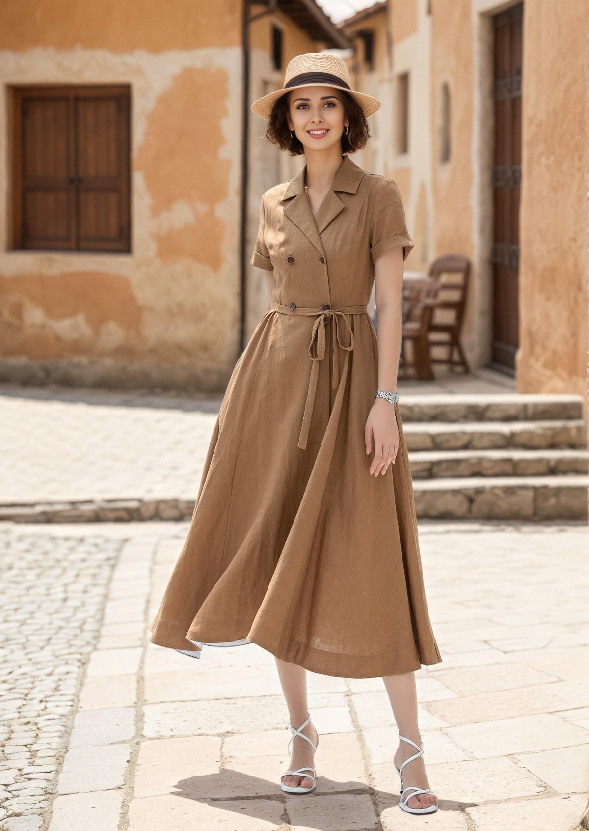 Nina Olive Linen Shirt Midi Dress — view 3