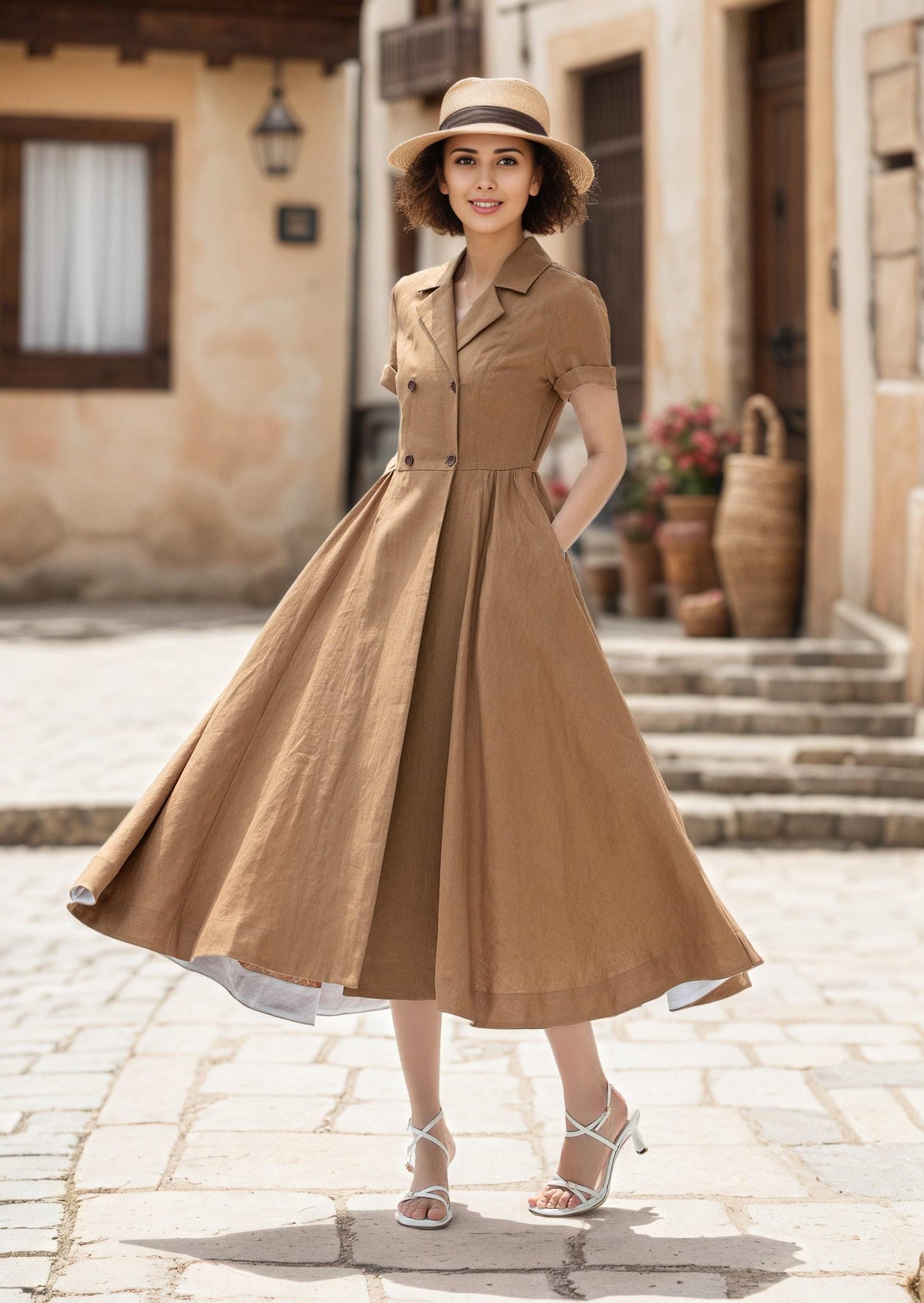 Nina Olive Linen Shirt Midi Dress — view 2