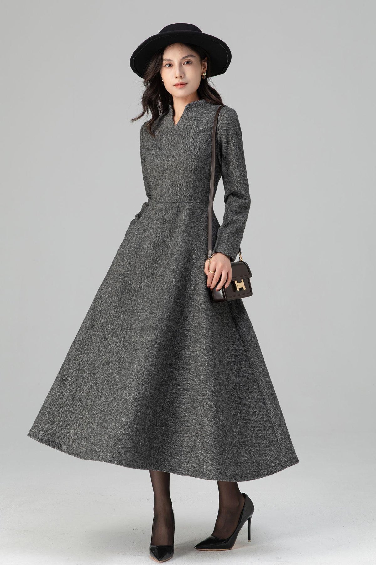 Carmen Gray Wool A-Line Midi Dress — view 3