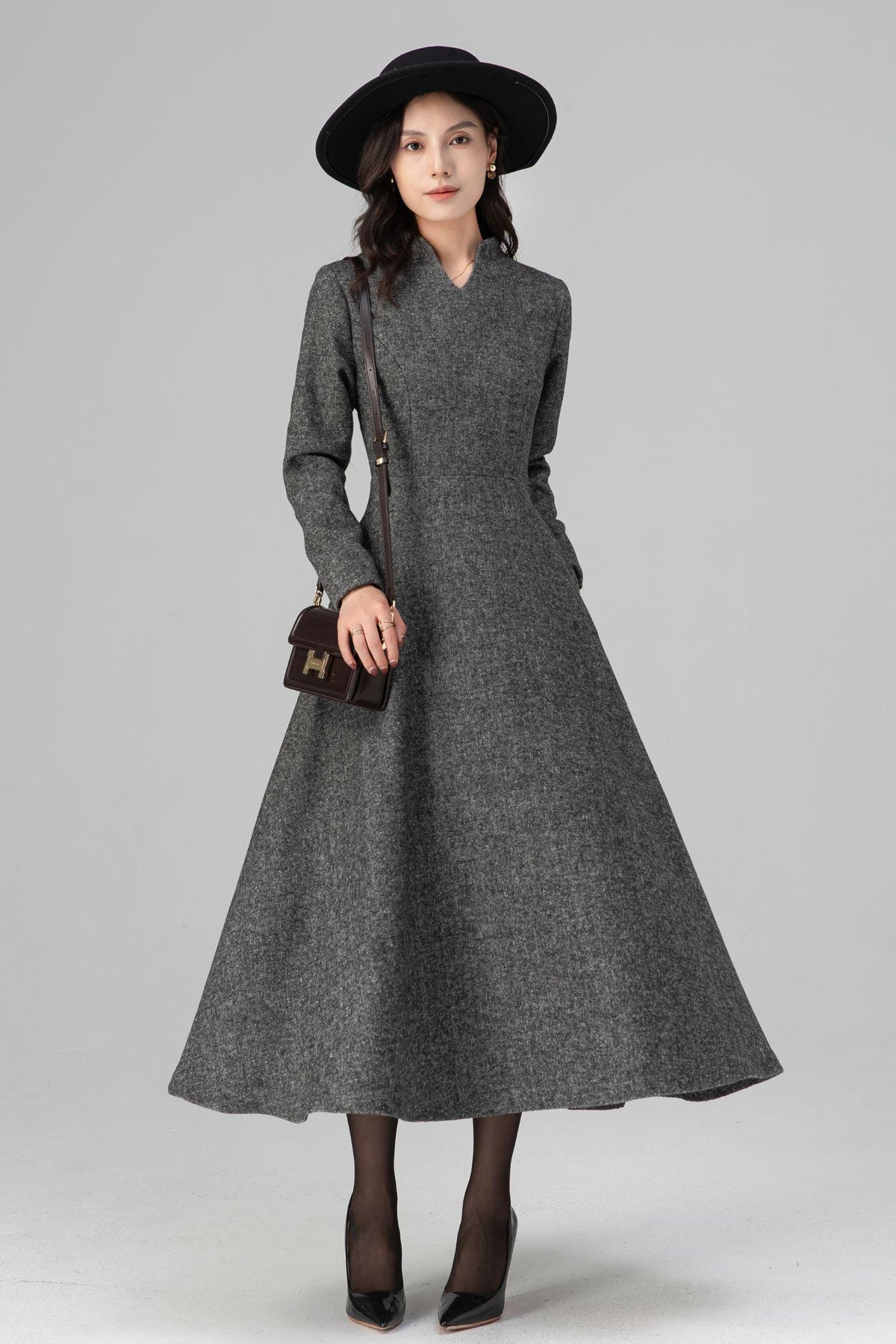 Carmen Gray Wool A-Line Midi Dress — view 2