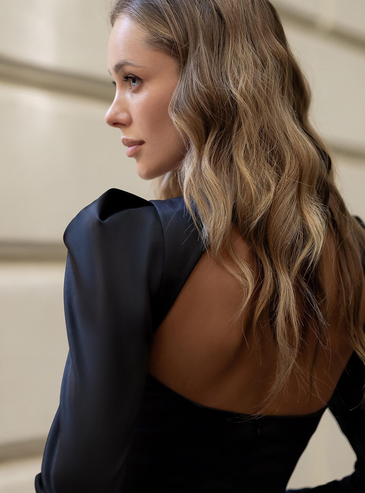 Aria Black Satin Open-Back Midi Dress — view 3