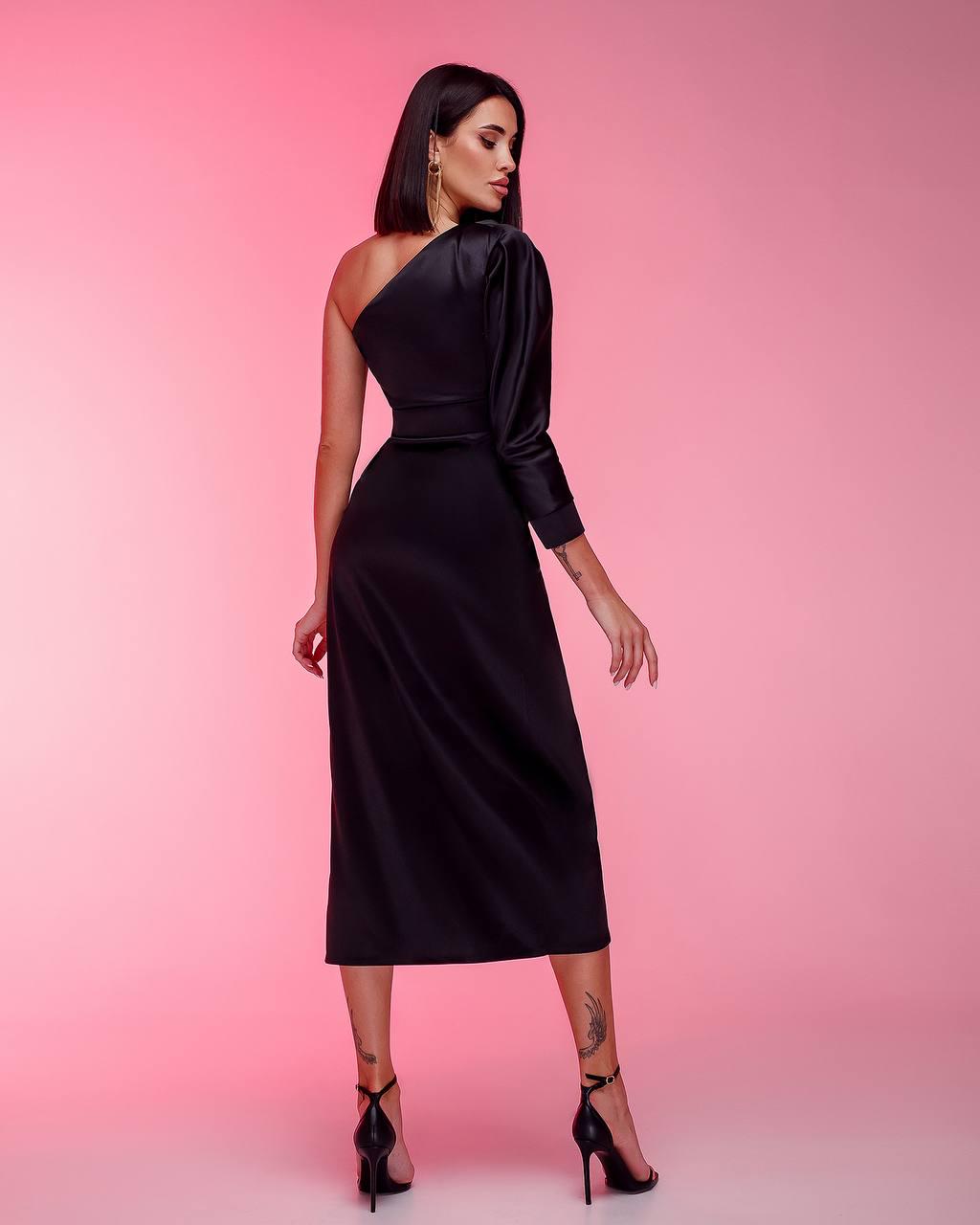 Orla Black Satin One-Shoulder Midi Dress — view 2