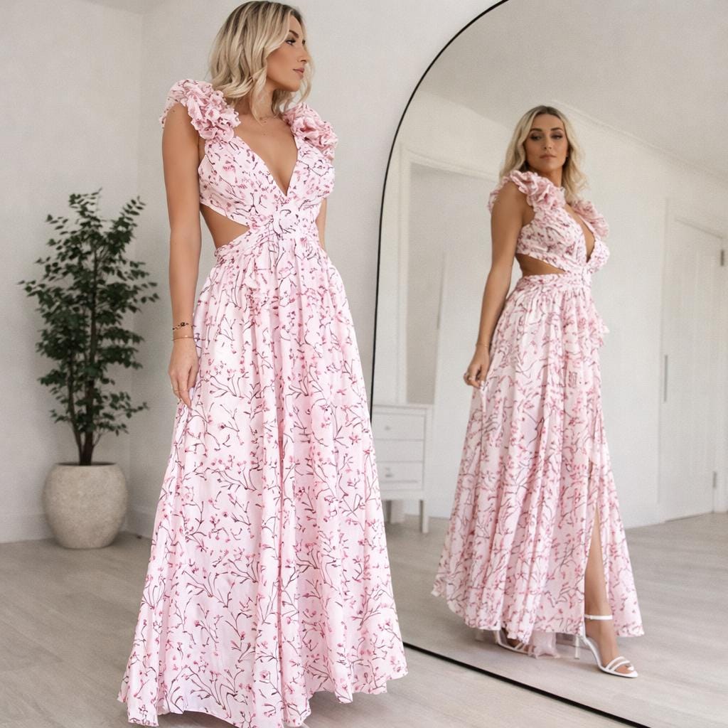 Bea Floral Chiffon Ruffle Maxi Dress — view 3