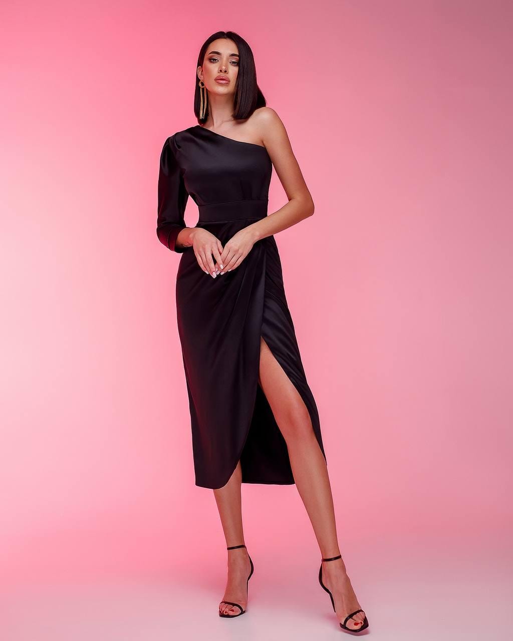 Orla Black Satin One-Shoulder Midi Dress — Dress Code