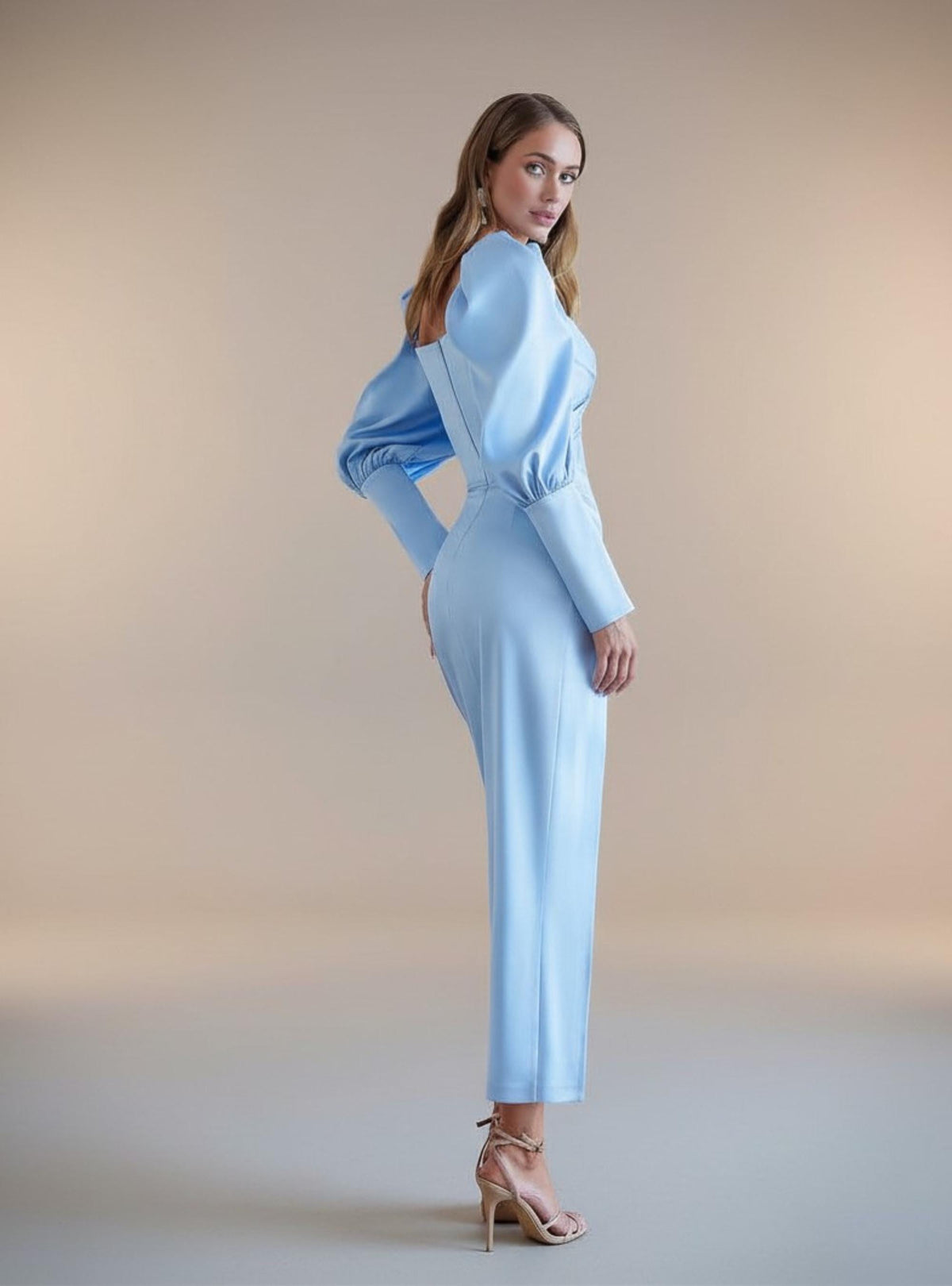 Piper Light Blue Satin Bodycon Midi Dress — view 3