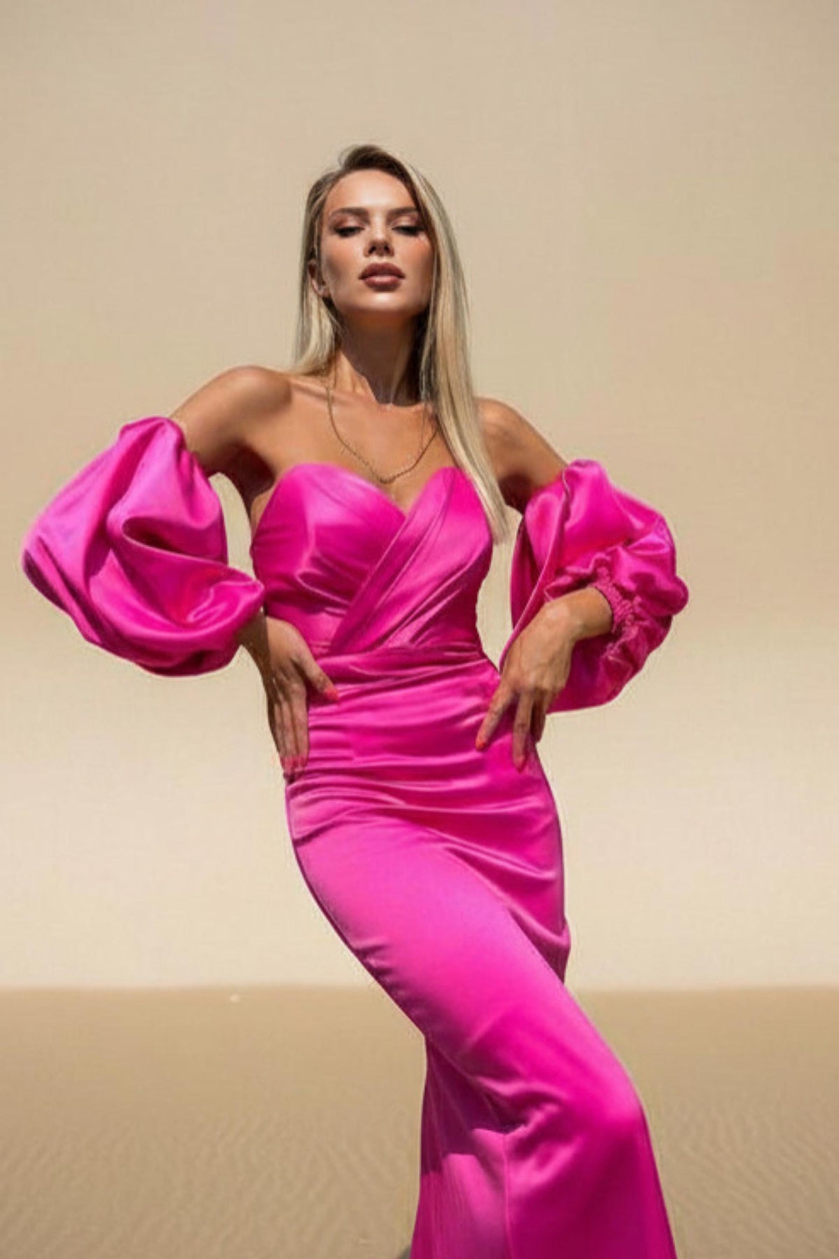 Josie Pink Satin Puff-Sleeve Midi Dress — Dress Code