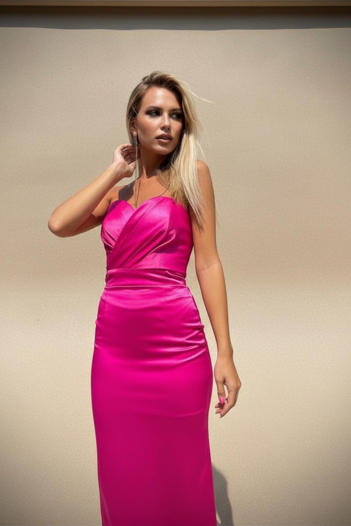 Josie Pink Satin Puff-Sleeve Midi Dress — view 5