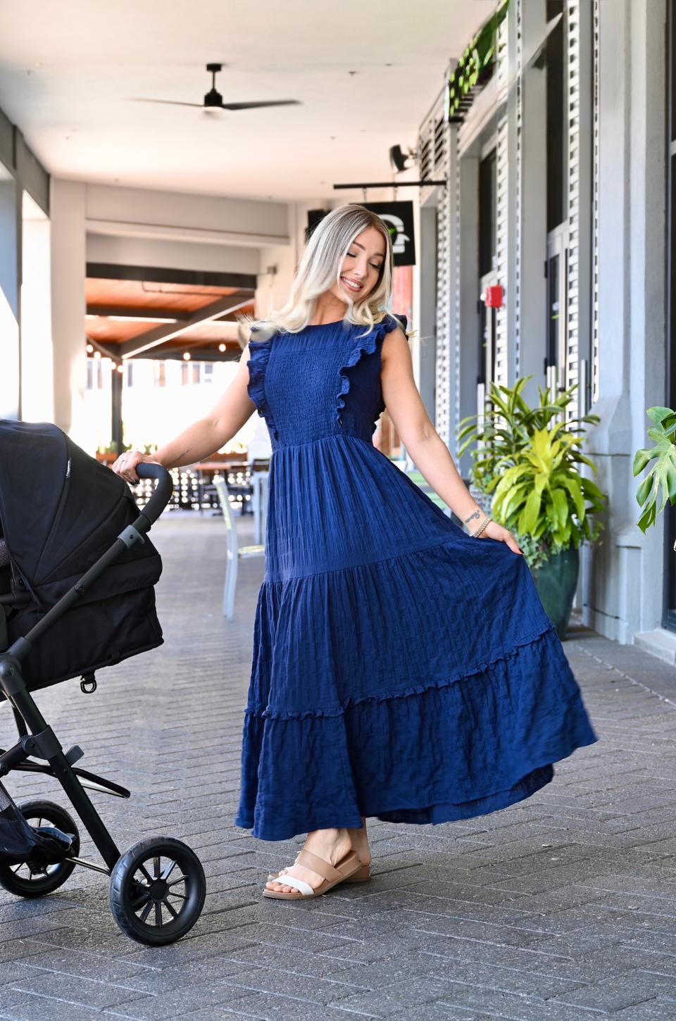Faye Navy Cotton Smocked Midi Dress — view 5