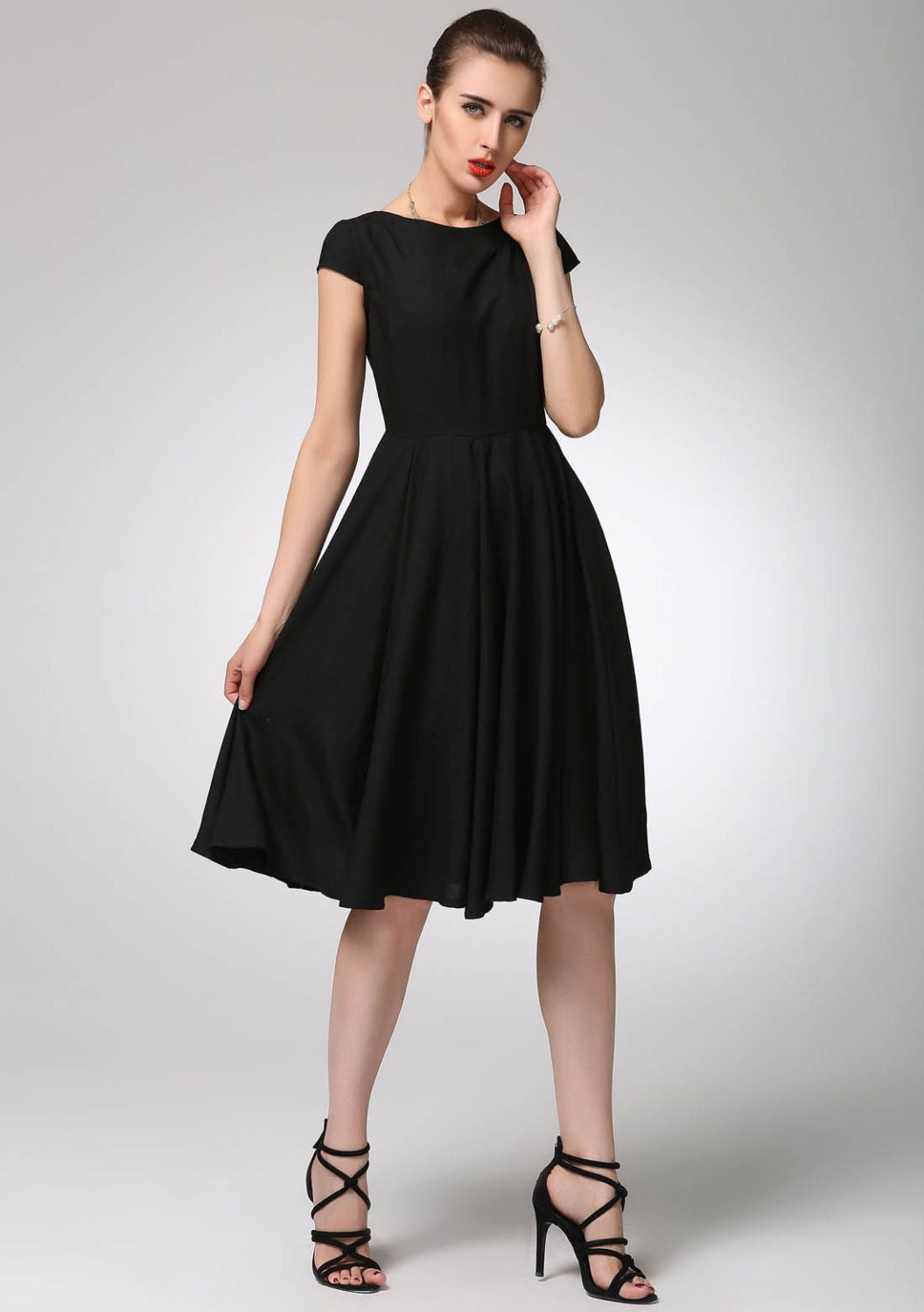 Helena Black Linen Fit-and-Flare Knee-Length Dress — view 2