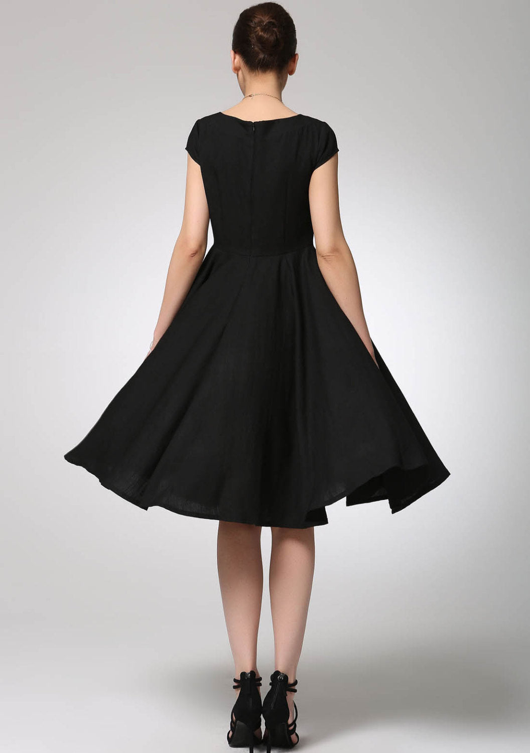 Helena Black Linen Fit-and-Flare Knee-Length Dress — view 4