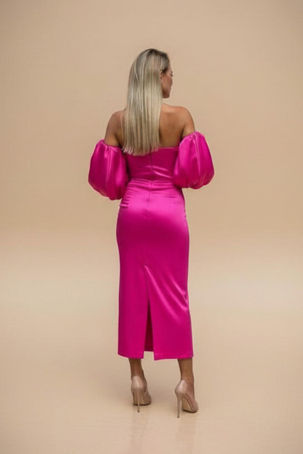 Josie Pink Satin Puff-Sleeve Midi Dress — view 2