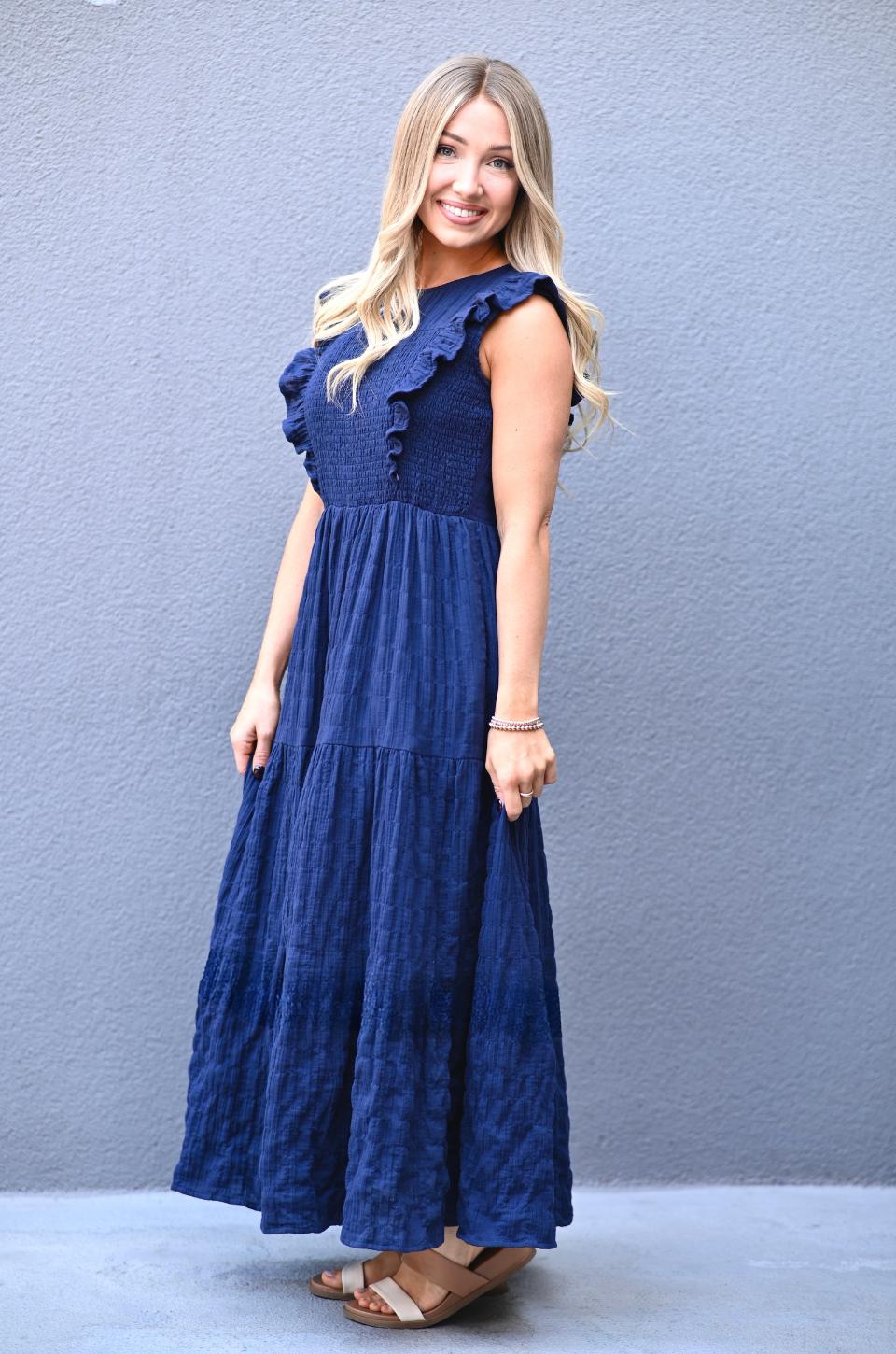 Faye Navy Cotton Smocked Midi Dress — view 4