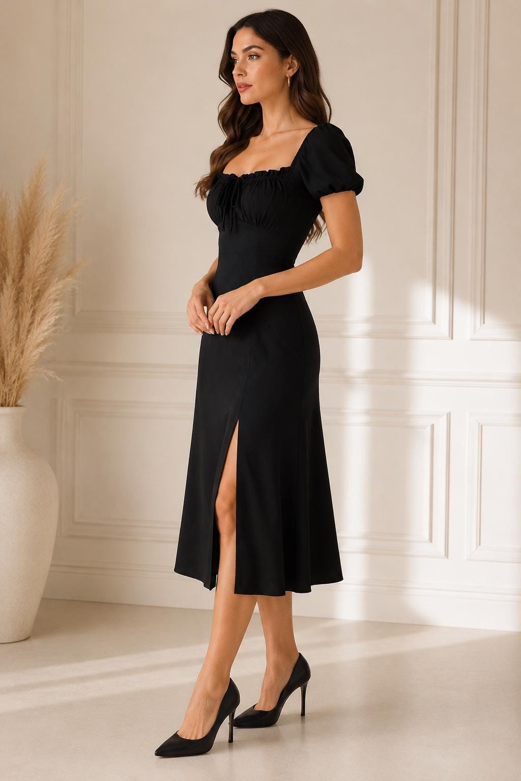 Paloma Black Puff-Sleeve Midi Dress — view 5