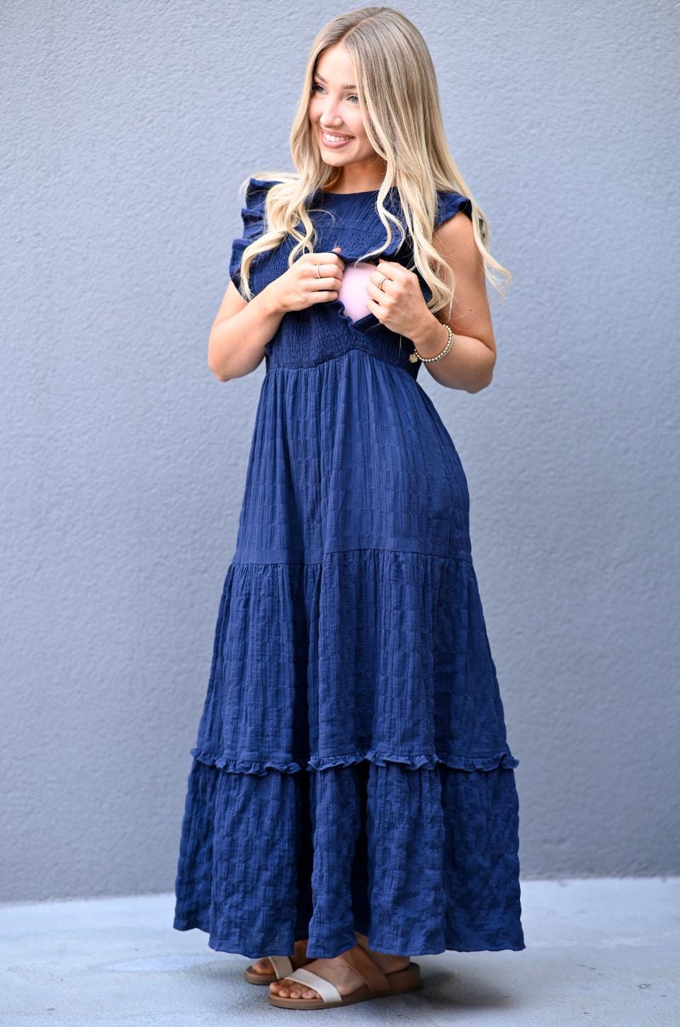 Faye Navy Cotton Smocked Midi Dress — view 2