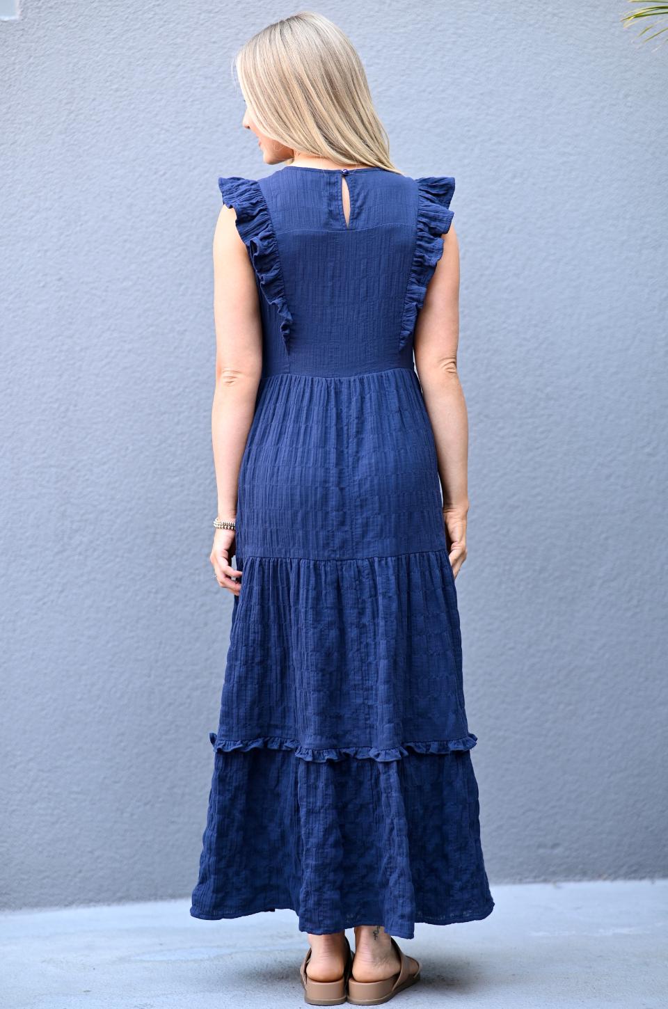 Faye Navy Cotton Smocked Midi Dress — view 6