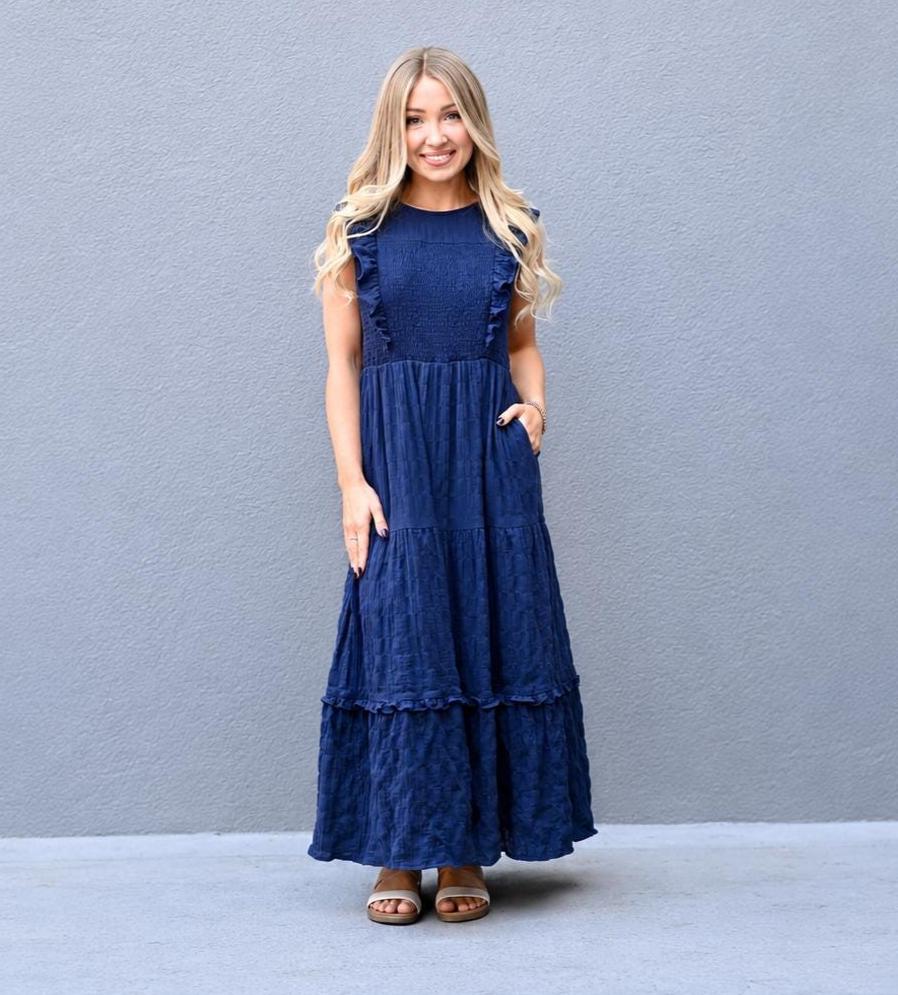 Faye Navy Cotton Smocked Midi Dress — view 3