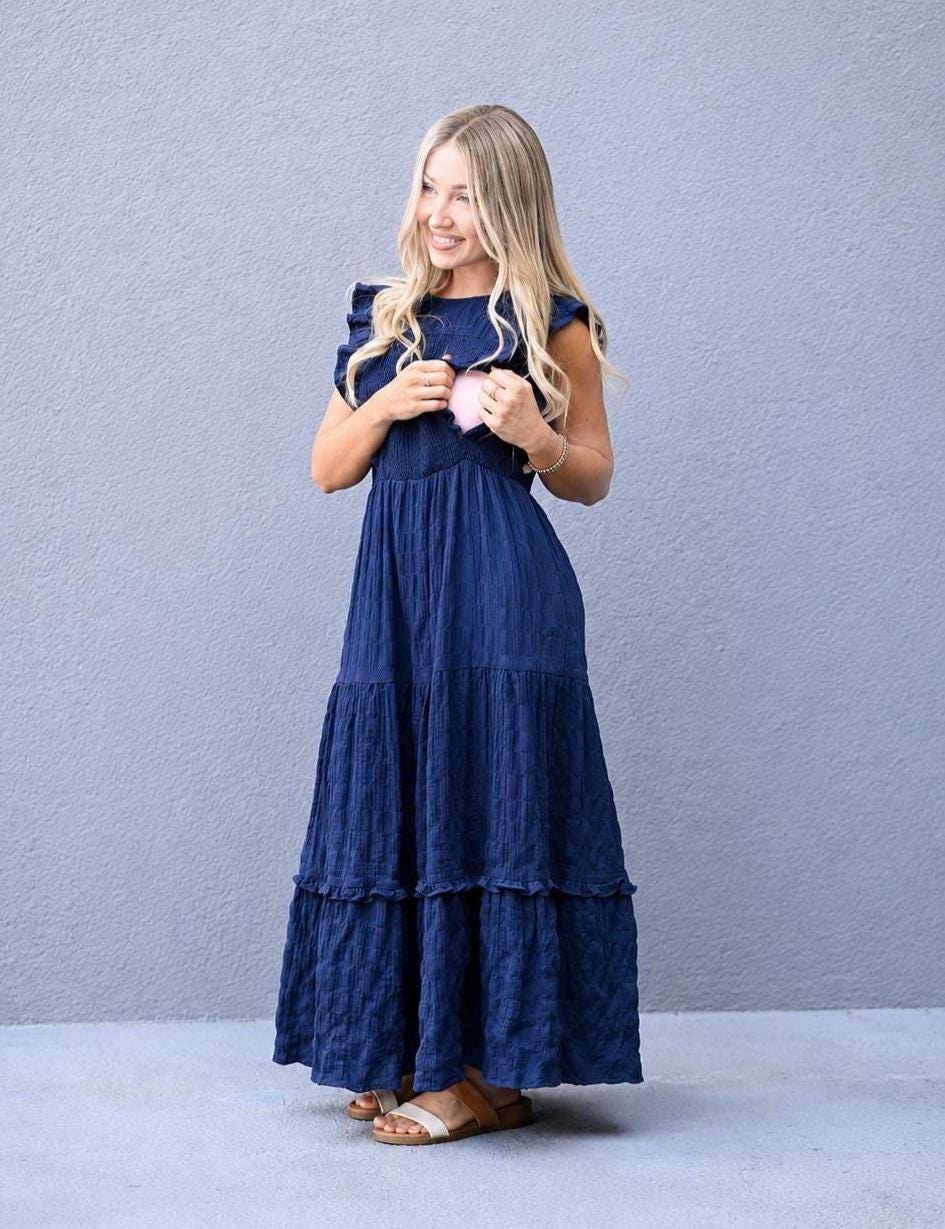 Faye Navy Cotton Smocked Midi Dress — Dress Code