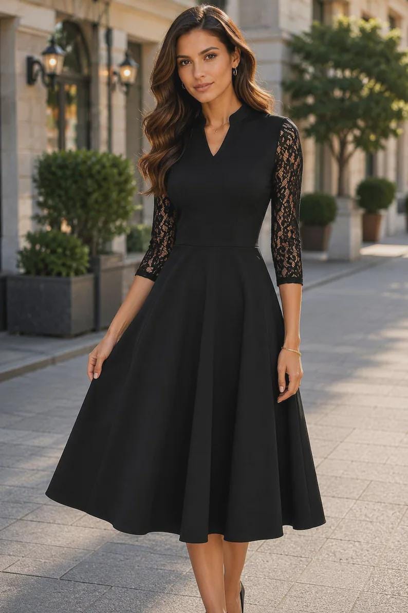 Winnie Black Lace A-Line Midi Dress — Dress Code