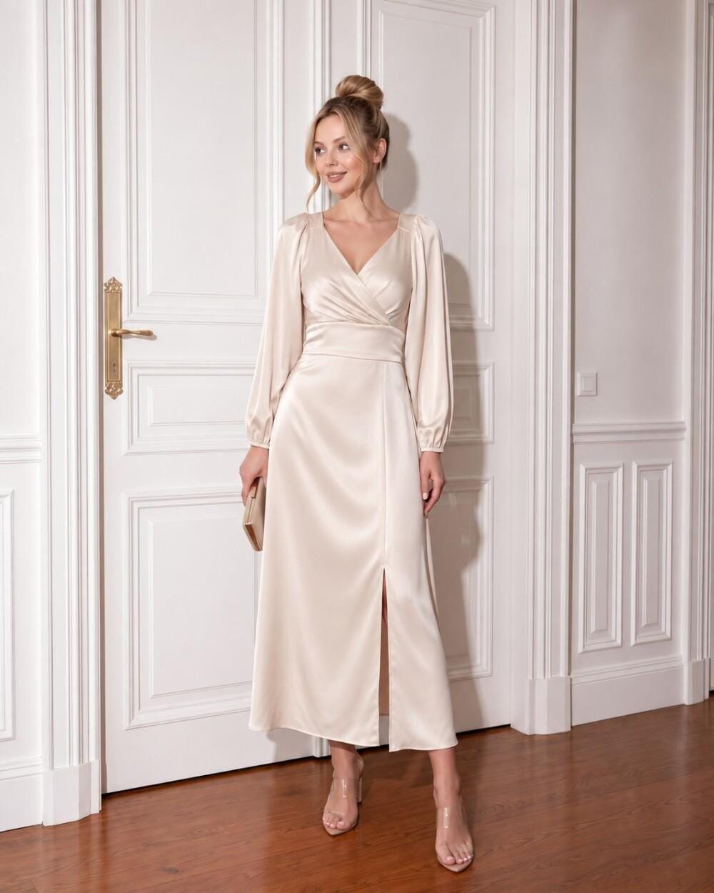 Calla Ivory Satin Wrap Midi Dress — view 5