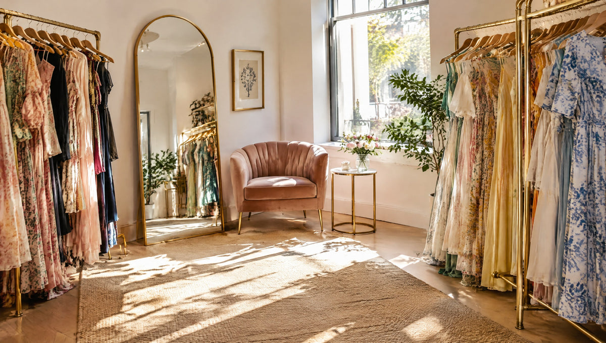 Sunny dress boutique with rails of dresses