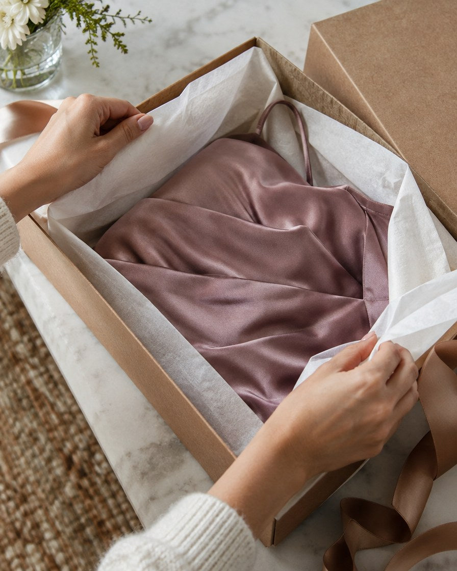 Folded satin dress wrapped in tissue paper