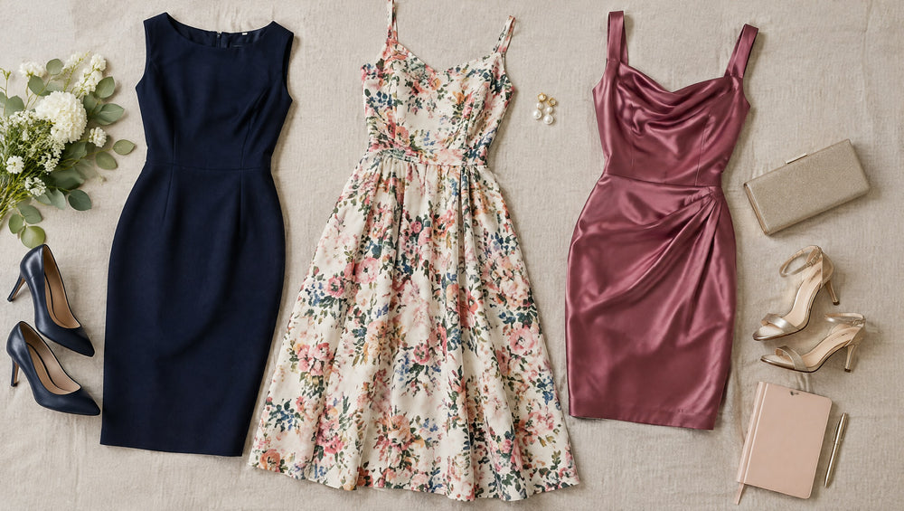 Flat lay of a navy sheath, floral midi and satin cocktail dress